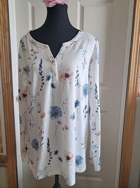 Floral Long Sleeve Tee - White with Blue & Peach Flowers